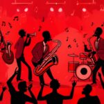 Image sous fond rouge avec des artiste dessiné en noir et blanc en train de jouer du saxophone et du piano, surement du jazz ou du rock