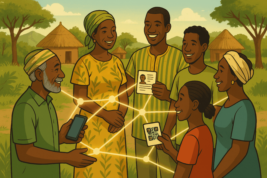 ChatGPT Image 15 avr. 2025, 00_49_23 image IA d'une famille de 6 personnes en train de discuter et rire avec un smartphone à la main et des laser jaune interconnecté avec les téléphone pour symboliser la connexion