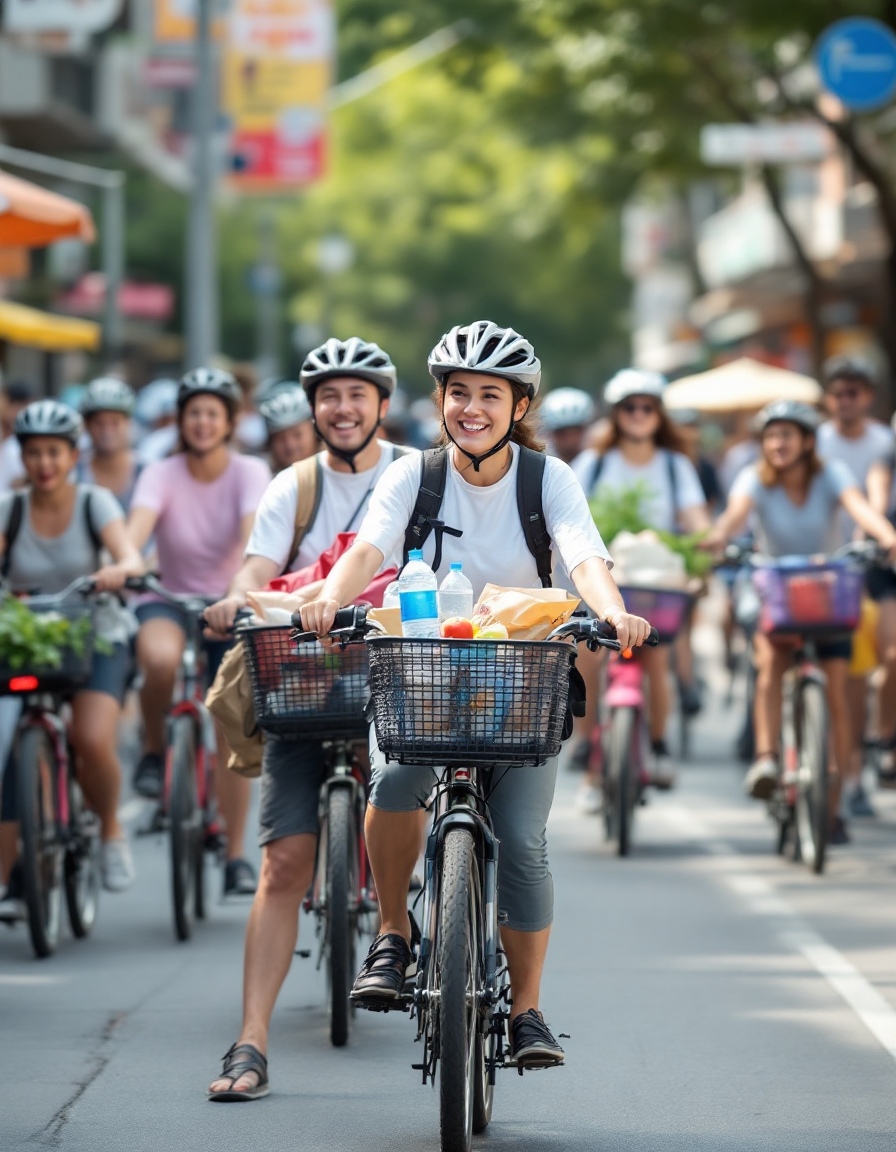 des cyclistes avec des produits alimentaire dans leurs paniers