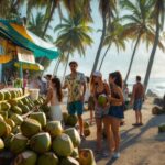 représentation IA de familles sur la plage en train d'acheter de l'eau de coco