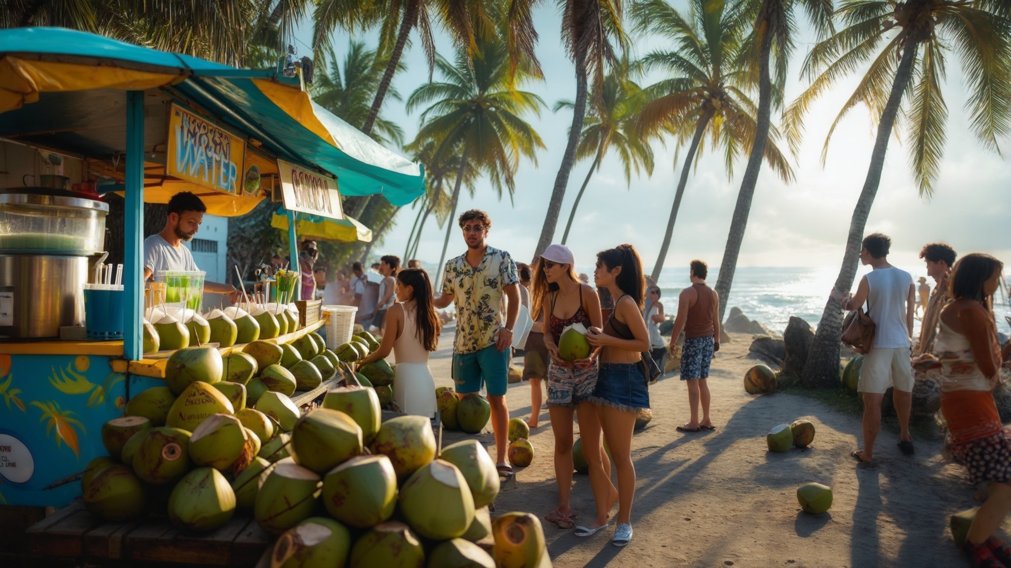 représentation IA de familles sur la plage en train d'acheter de l'eau de coco