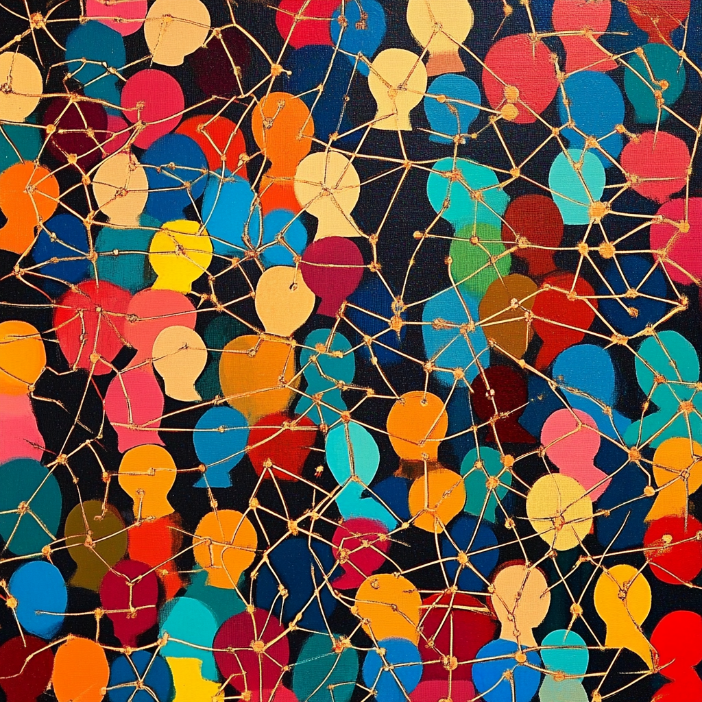 Ce dessin montre une multitude de visage sans face, juste des couleurs différente, c'est visages sont reliés par des fils dorés qui représente le lien entre ces derniers. #InternetPourTous