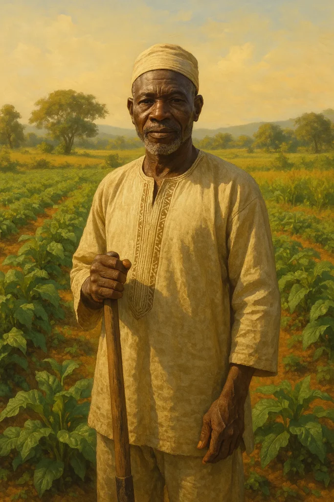 olatundji Représentation IA de Olatundji. C'est un homme d'une soixantaine d'année habiller en khamis blanc coton debout sur un champs agricole portant sa canne en bois