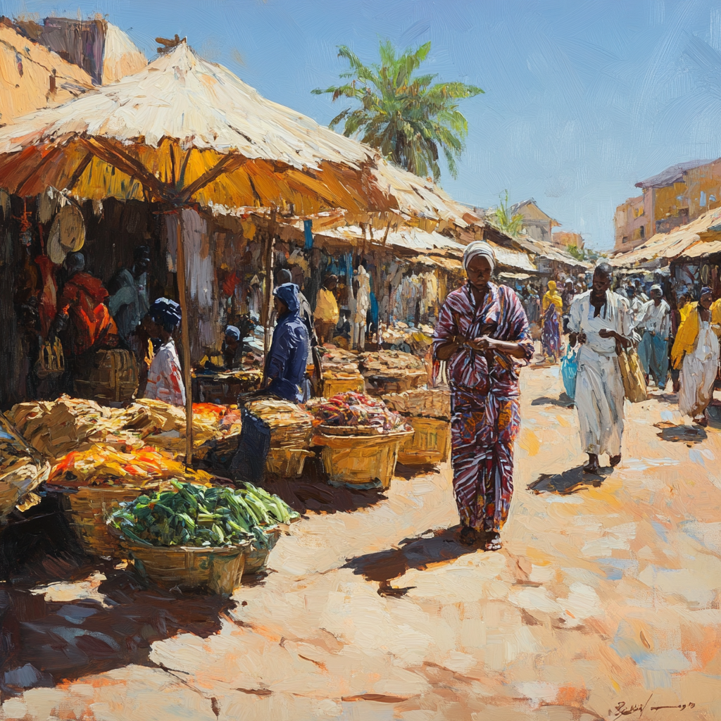 un marché en Afrique. il y a une étale de légumes au sol et des passant habillés en boubou blanc et multicolore.
Un palmier en arrière plan dépasse le parasole géant des commerçants tous alignée sur une allée principe de terre presque rouge