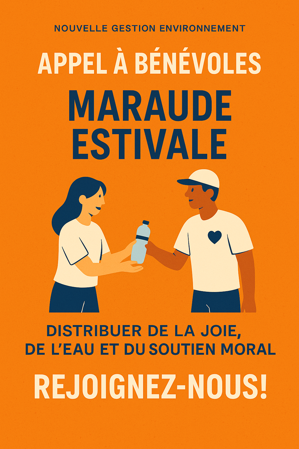 Affiche pour un appel au bénévoles. Un dessin de deux personne souriante qui se passe une bouteille d'eau