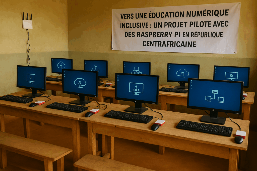 Une salle de classe avec des ordinateurs Raspberry Pi et des écrans.
Avec une affiche : "Vers une éducation numérique inclusive: un projet pilote avec des raspberry pi en République Centrafricaine"