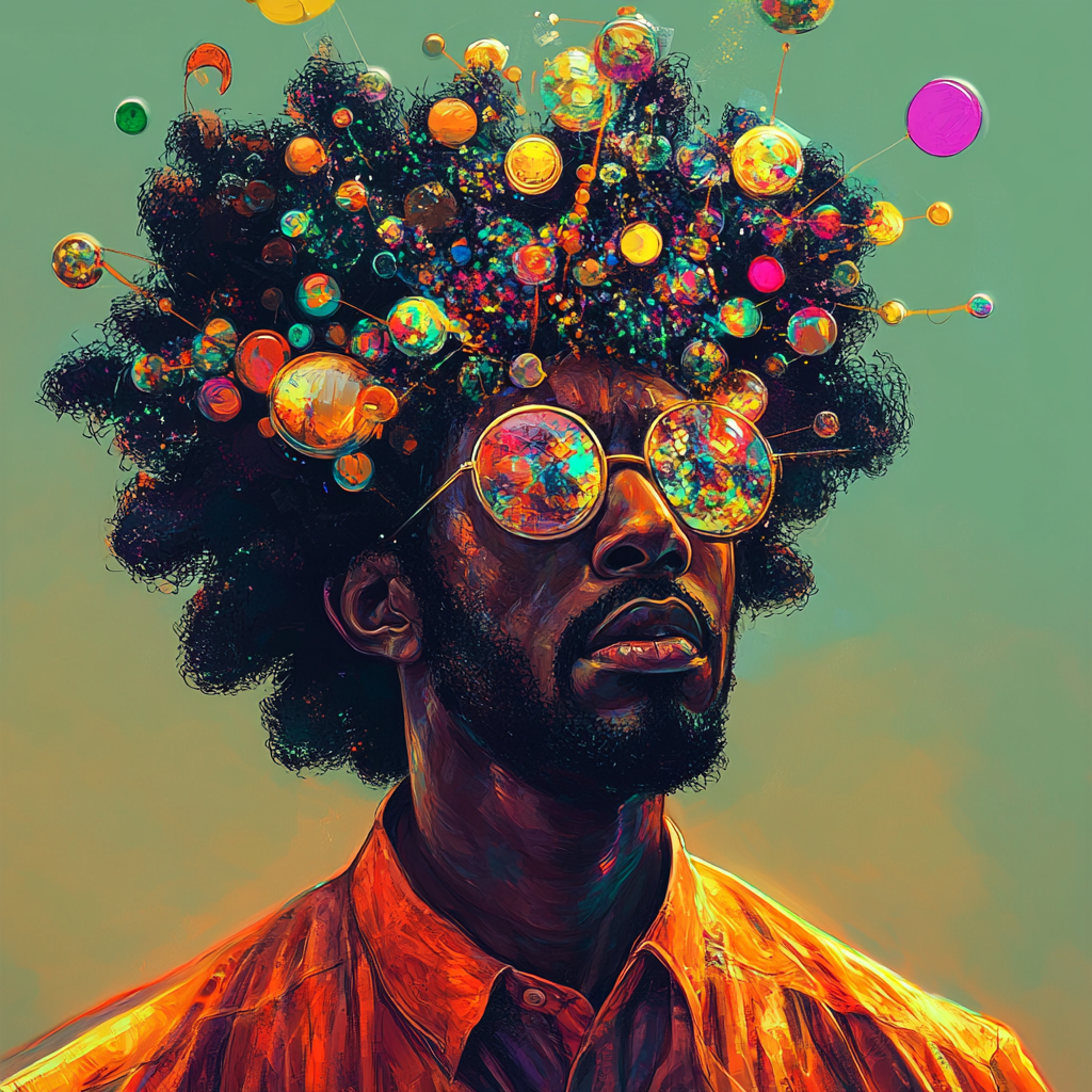 Un dessin IA d'un homme avec un afro et des lunette rond qui regarde devant lui avec des bulles pleines la tête l'esprit dans les pensées