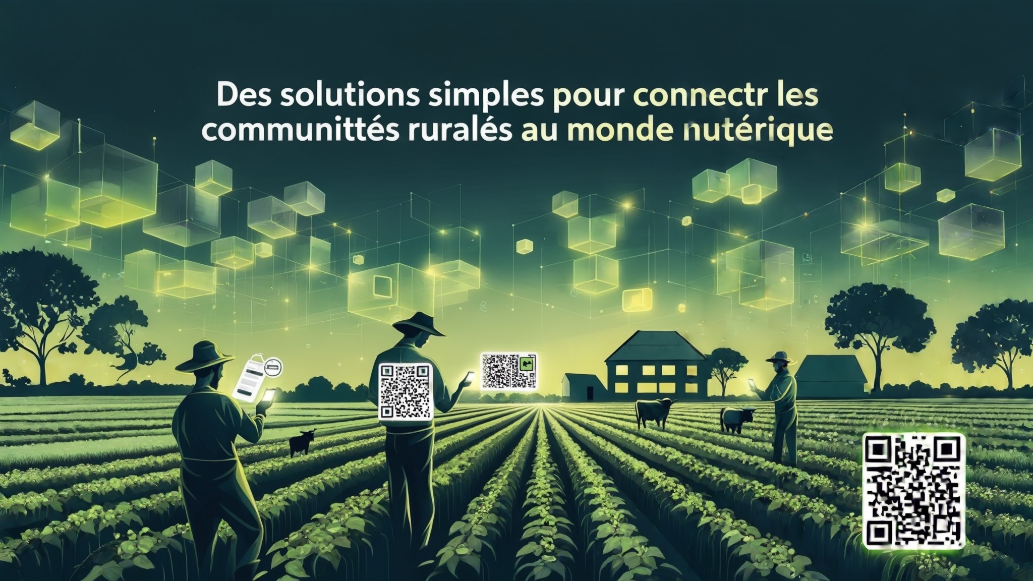 L'image d'un champs agricole connecté. Les agriculteurs sont sur leur téléphone ce qui symbolise une communauté numérique