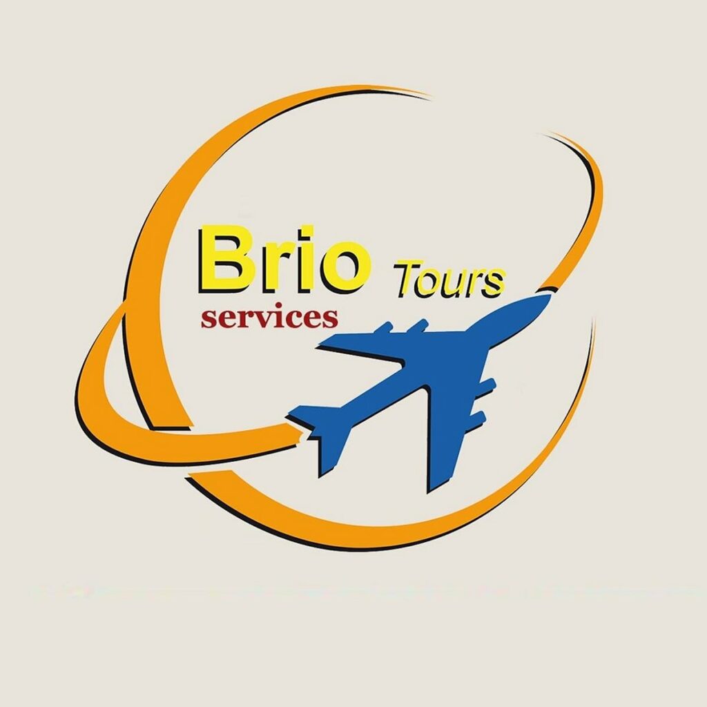 logo de brio tours services.
un avion qui tourne autour de l'écriture 