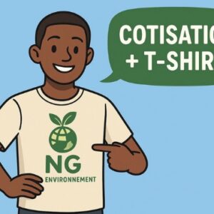 Image IA d'un homme avec u. t-shirt NG et une bulle de bande dessiné avec écrit : cotisation + T-shirt