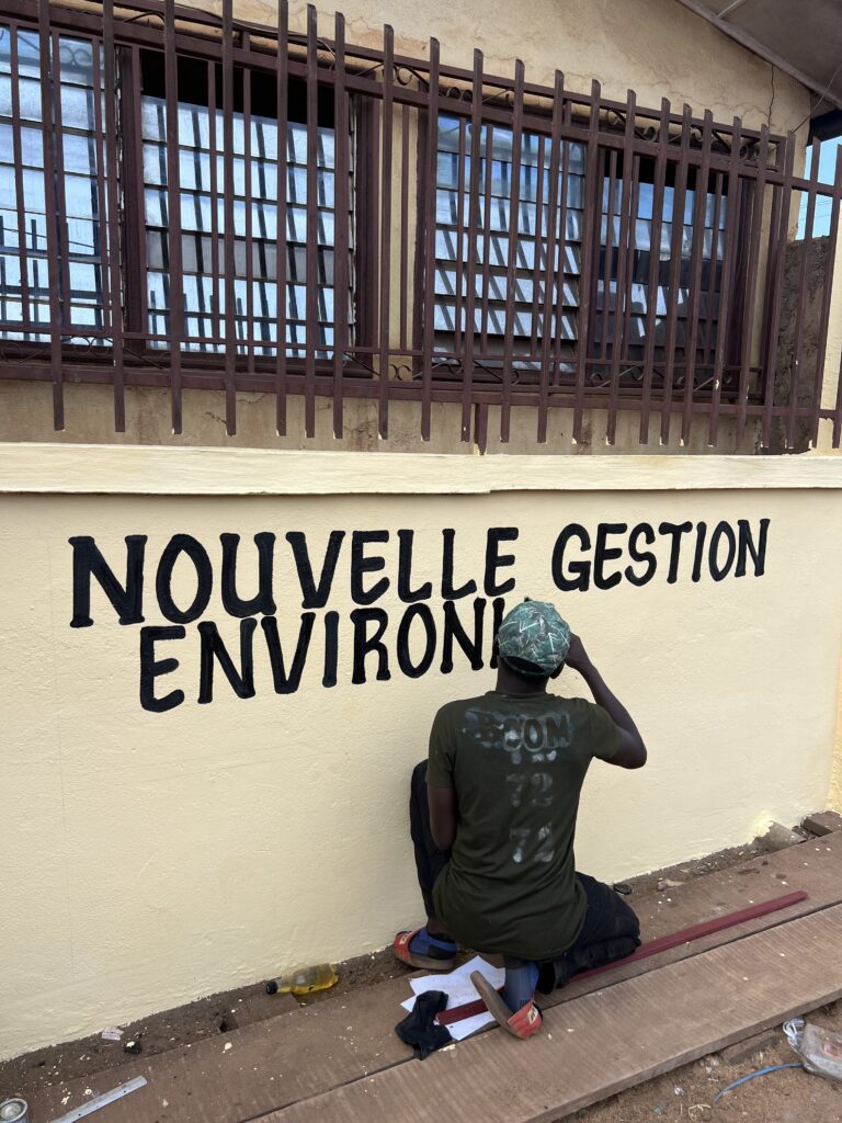 Un peintre en train d'écrire Nouvelle Gestion Environnement sur un mur en Républisue Centrafricaine