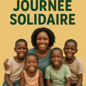 une femme entouré de 4 enfants souriant avec en titre Journée solidaire