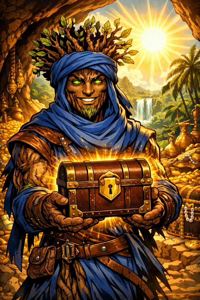 l'image d'un mi-Homme, mi-arbre avec un style de desert du sahara portant un tissus autour du visage comme un touareg. il tient dans sa main un coffre au trésor